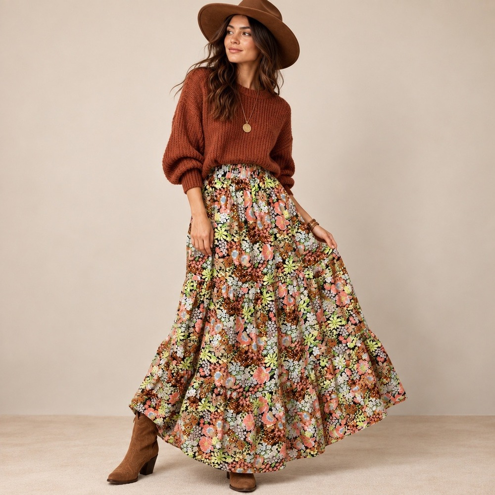 Womens Prairie Maxi Skirt Tiered Floral Western Retro Festival M